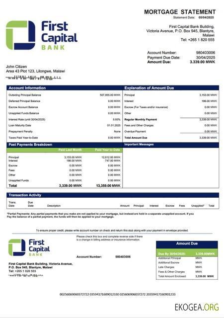 Malawi First Capital Bank Malawi relevé hypothécaire modèle Word et PDF